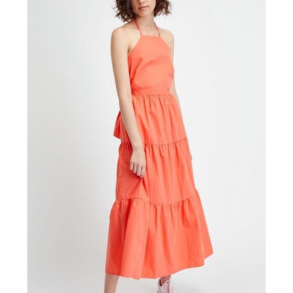 Gap Dress Women Coral Tiered Tie Back Maxi Cotton Pockets Classic Sz 8 T NWT - Picture 1 of 11